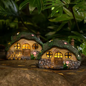 Декоративные светильники Fairy Garden Shed из смолы для дворов, газонов, художественных украшений дворов, подарков на новоселье, светильники для садовых статуй на солнечных батареях