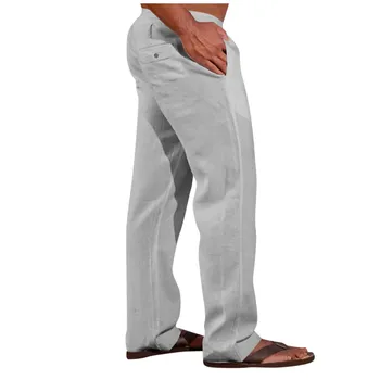 Мужские брюки 2024 Весна Лето Повседневные пляжные Длинные брюки Однотонные Свободные Эластичные хлопчатобумажные льняные брюки Мужская мода для отдыха
