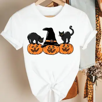 Повседневная футболка с кошкой-ведьмой на Хэллоуин, женская осенняя одежда на День благодарения, футболка с мультяшным принтом, женская футболка с графическим рисунком