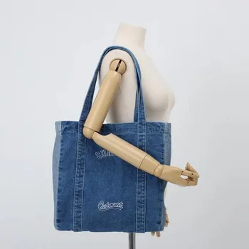 Холщовая сумка для покупок большой емкости, простая портативная сумка для поездок на работу, джинсовая сумка через плечо