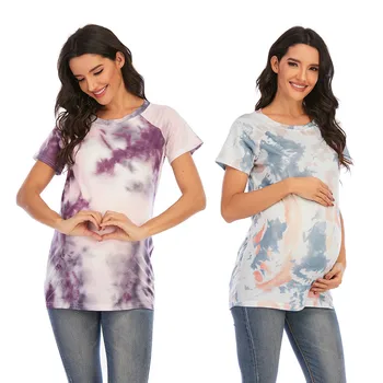 Футболка с галстуком-краской для беременных, повседневная футболка для беременных с коротким рукавом, круглый вырез, базовая футболка для кормящих, топы для беременных