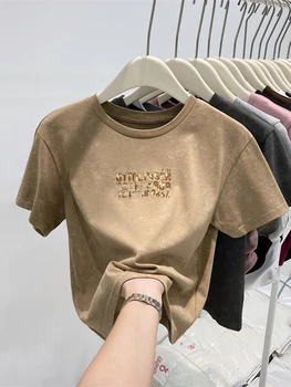 Хлопковая летняя новая винтажная футболка с вышивкой в виде старых выстиранных букв, Универсальная футболка с круглым вырезом и коротким рукавом для женщин