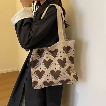 Вязаная женская сумка с принтом в виде сердца, вязаная эко-сумка для корейских покупок Y2K, сумка на плечо из веревки, женская дизайнерская сумка-тоут