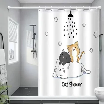 Занавеска для душа с забавным котом, 3D Мультяшное животное, Простая Белая Занавеска для ванны, Водонепроницаемый Полиэстер, Набор аксессуаров для ванной комнаты, Декор