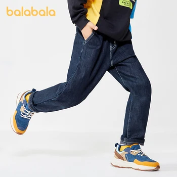 Брюки для мальчиков Balabala для малышей 2023 года, осенне-зимние флисовые джинсы, модные повседневные удобные брюки в стиле ретро