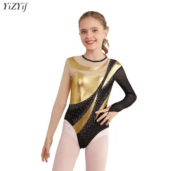Дети и девочки, Трико для художественной гимнастики, Балетная одежда для танцев, костюм для фигурного катания, Блестящее металлическое контрастное боди с длинным рукавом.