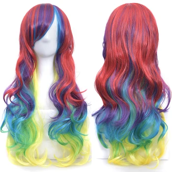 Soowee Длинные волнистые волосы Косплей Парик с челкой Красочные парики для костюмированной вечеринки на Хэллоуин для женщин