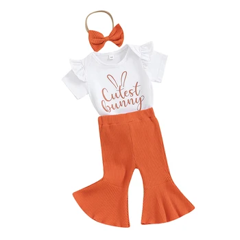 Пасхальный наряд для маленьких девочек, комбинезон с принтом кролика, Расклешенные брюки, Комплекты одежды
