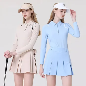 Azureway, Осенние женские топы-поло с отложным воротником, эластичные рубашки с длинными рукавами, Женские плиссированные юбки для гольфа с небольшой сумкой