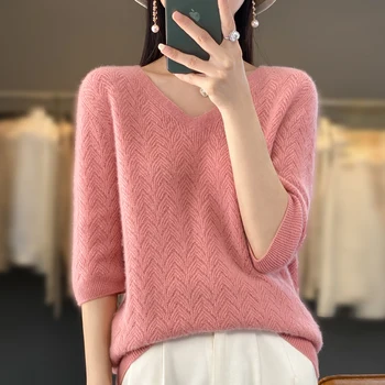 Весенне-летние новинки для женщин, 100% чистая шерсть, V-образный вырез, однотонный вязаный свитер с коротким рукавом, модный свободный топ, футболка, пуловер