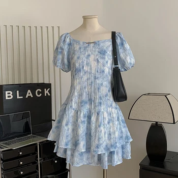 Модные женские платья с высокой талией и оборками, летнее платье во французском стиле синего цвета с квадратным воротником и пышными рукавами, женское пляжное платье