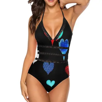 Женские цельные купальники с принтом Corazones Hearts, Сексуальный купальник с открытой спиной и V-образным вырезом, летняя пляжная одежда с сердечками, Corazones Hearts