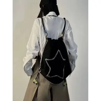 Корейская звезда Черные сумки через плечо Y2K Повседневная сумка на шнурке Сумка через плечо Винтажный Эстетичный рюкзак для путешествий Студенческий школьный рюкзак