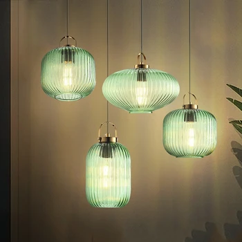 Подвесные светильники из зеленого стекла в скандинавском ретро-ресторане, креативная лампа для гостиной с одной головкой, Простая прикроватная лампа LED E27 Light
