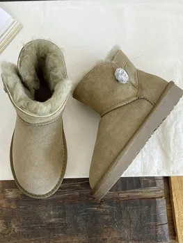 Careaymade-Короткие зимние ботинки из натуральной кожи, шерсти и воловьей кожи, женские короткие ботинки со стразами, зимняя обувь с утолщенной матовой поверхностью