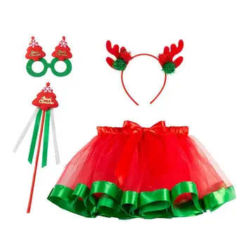 Рождественский наряд-пачка для девочек, юбка принцессы, Балетное платье с повязкой на голове из оленьих рогов, красно-зеленый костюм с очками для маленьких