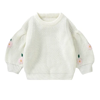 Зимний свитер для девочек, Повседневный свитер для малышей, круглый вырез, Длинный рукав, Цветочный узор, Вязаные Пуловеры, Топы, детская рубашка свободного кроя