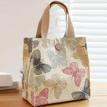 Женская симпатичная сумка для ланча Холщовая сумка-тоут для девочек ланч-бокс Маленькая сумочка-мешочек Контейнер для ужина Сумки для хранения продуктов 2023
