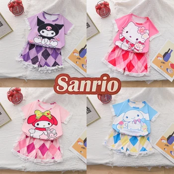 Детский комплект Sanrio Hello Kitty из 2 предметов, пижама с героями мультфильмов, летняя домашняя одежда из аниме, детская пижама, домашний костюм, повседневная милая детская одежда