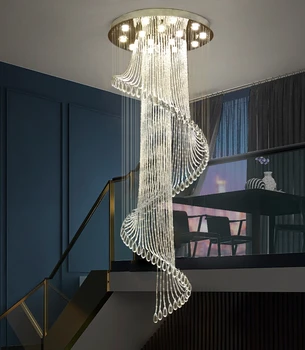 Лестничная люстра Современный минимализм и великолепная вилла Лофт с полой высотой, Двухуровневая напольная люстра из вращающегося хрусталя для гостиной