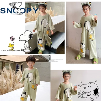 Детская пижама из мультфильма Снупи, аниме с принтом в виде свободной милой хлопковой домашней одежды, пижамы с длинными рукавами для мальчиков и девочек