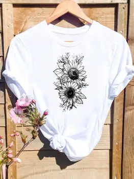 Одежда, футболки, женская мода с коротким рукавом, летняя тенденция с мультяшным цветком, Милая футболка, женская футболка с графическим принтом