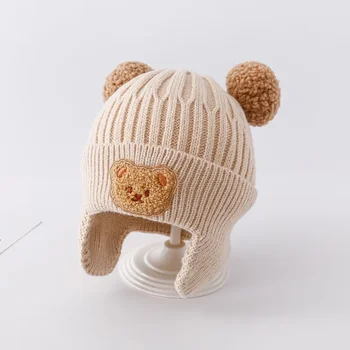 Детская Осенне-зимняя одежда для защиты ушей, вязаная шерстяная шапка для девочек с милым медведем, детский пуловер для девочек, шапка-ушанка