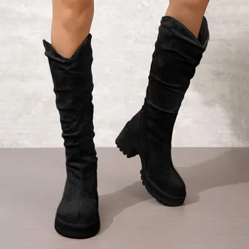 Стильные классические сапоги выше колена на низком каблуке с круглым носком в западном стиле, сапоги выше колена с круглым носком, милые длинные сапоги до бедра