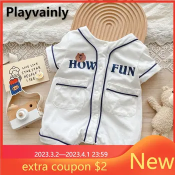 Летний комбинезон для мальчика в корейском стиле с милым принтом медведя, белый комбинезон с круглым воротником и коротким рукавом для новорожденных, пижама для новорожденных E2080
