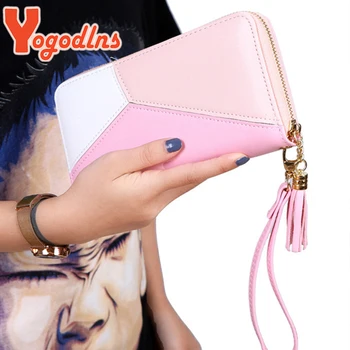 Модный кошелек контрастного цвета Yogodlns, женский длинный кошелек из искусственной кожи, многослойная сумочка, сумка для мобильного телефона, повседневный клатч для покупок