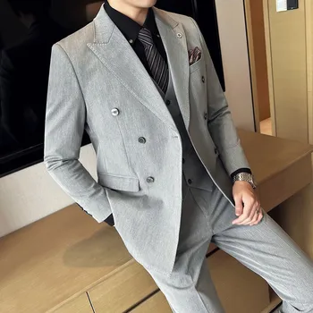 Новый бутик (костюм + жилет + брюки) Британо-корейская мода, красивый мужской костюм-тройка из тонкой эластичной ткани высокого класса