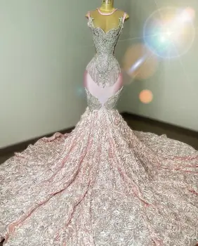 Розовые выпускные платья с 3D-розами в виде трубы для женщин, длинное вечернее платье на день рождения с серебряной хрустальной кисточкой 2024, женское вечернее платье