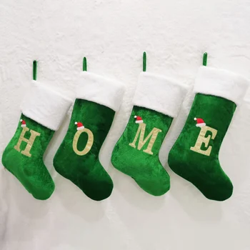 Большие Рождественские носки зеленого цвета с 26 буквами алфавита, Рождественские Бархатные чулки, Подвесные украшения для рождественской елки для дома, Рождественский подарок